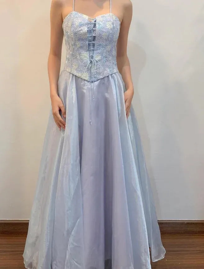 Ice Blue Spaghetti Strap Floral Embroidered Corset Ball Gown