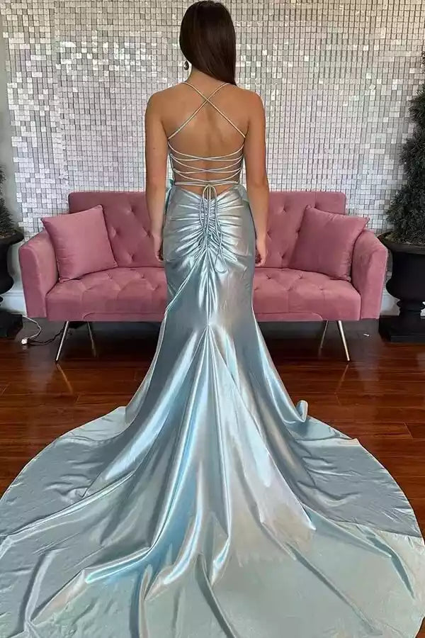 Icy Blue Satin Halter Bow-Accent Mermaid Gown – Glamorous & Dreamy Evening Party Dress