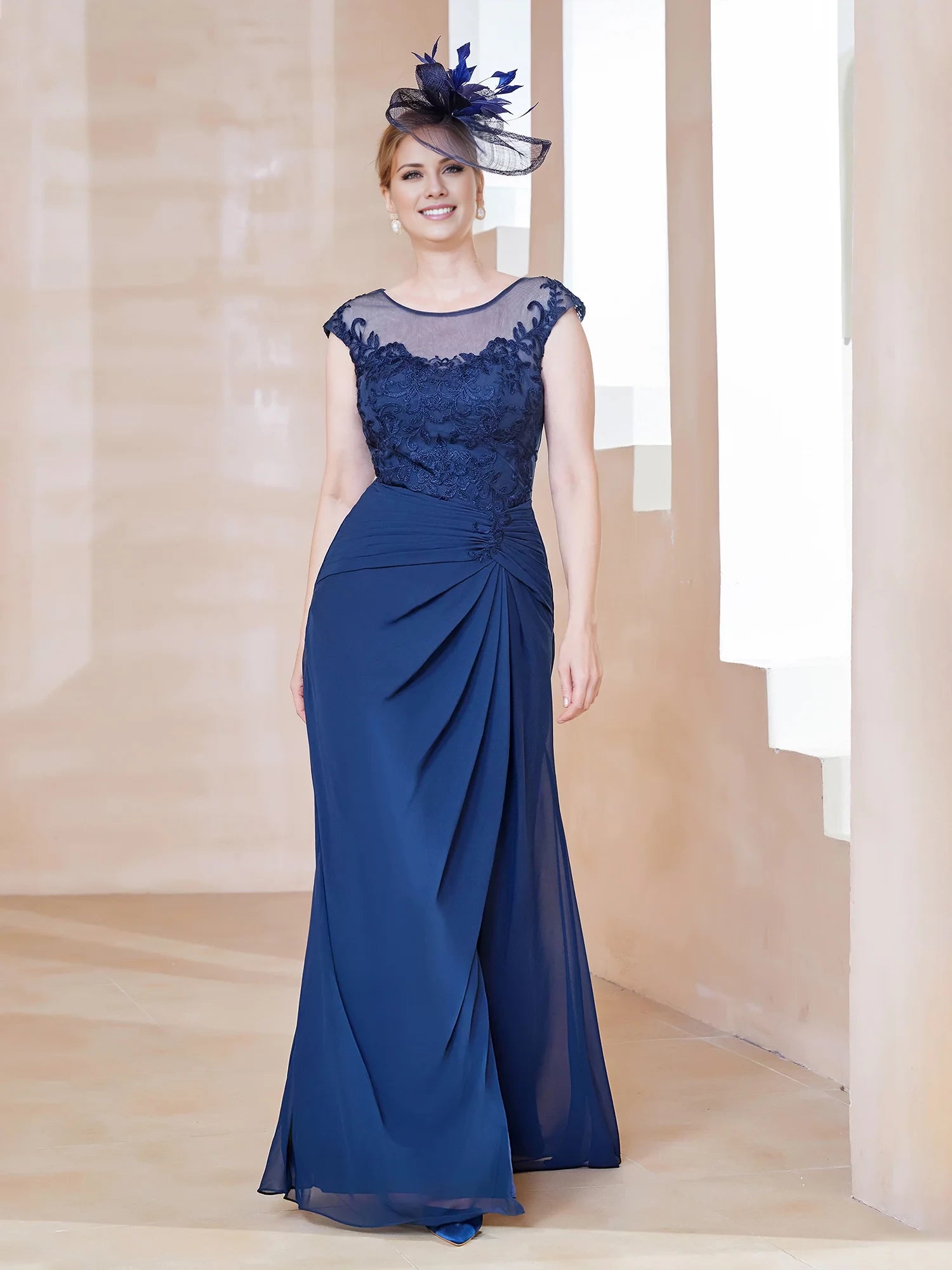 Illusion Neck Appliqued Dress With Slit Mother of the Bride Dresses