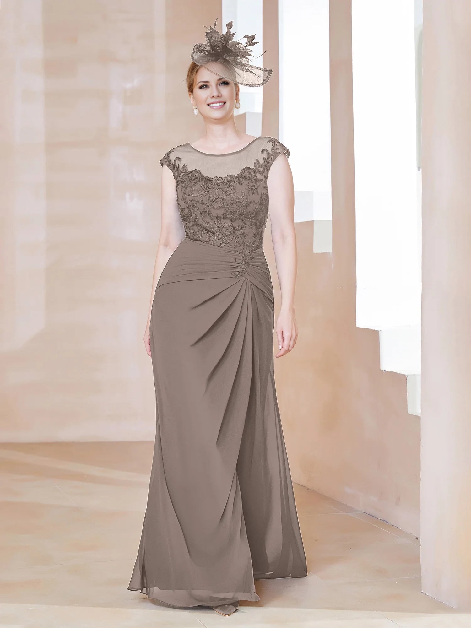 Illusion Neck Appliqued Dress With Slit Mother of the Bride Dresses