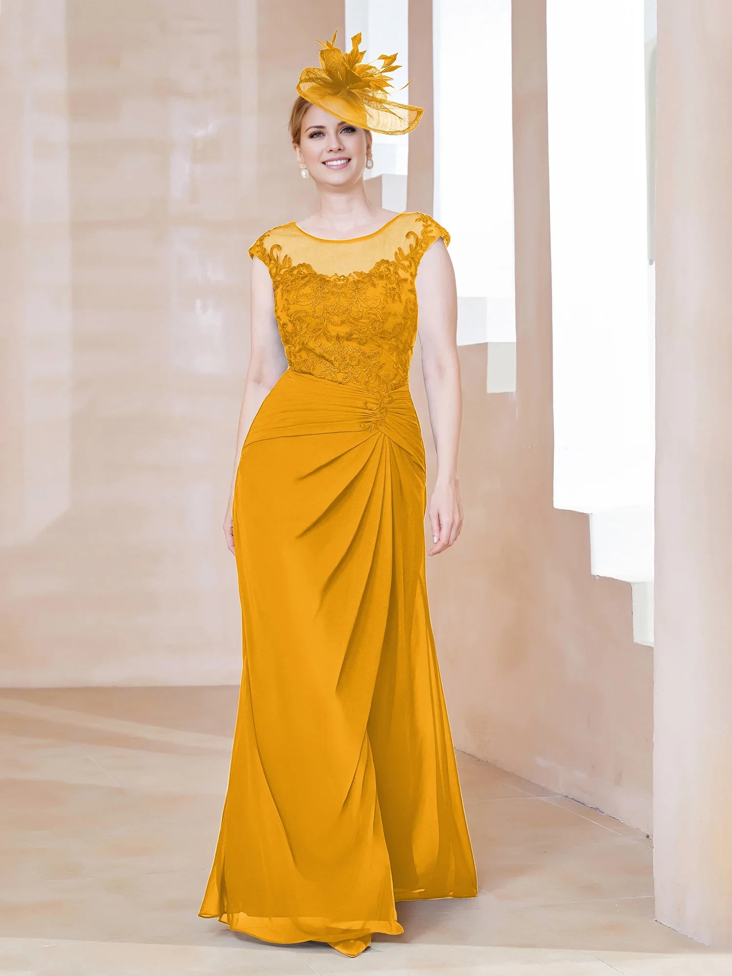 Illusion Neck Appliqued Dress With Slit Mother of the Bride Dresses