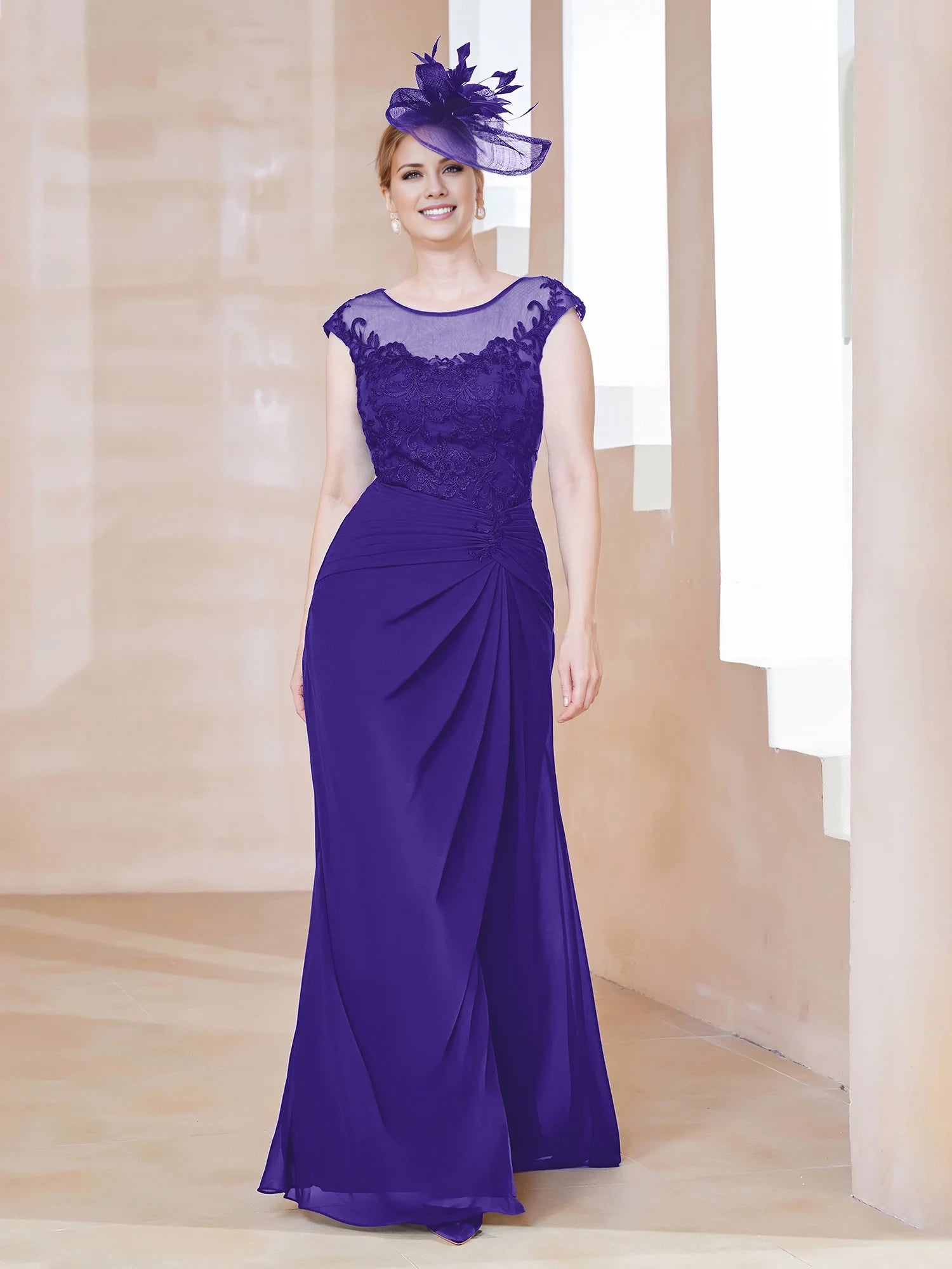 Illusion Neck Appliqued Dress With Slit Mother of the Bride Dresses