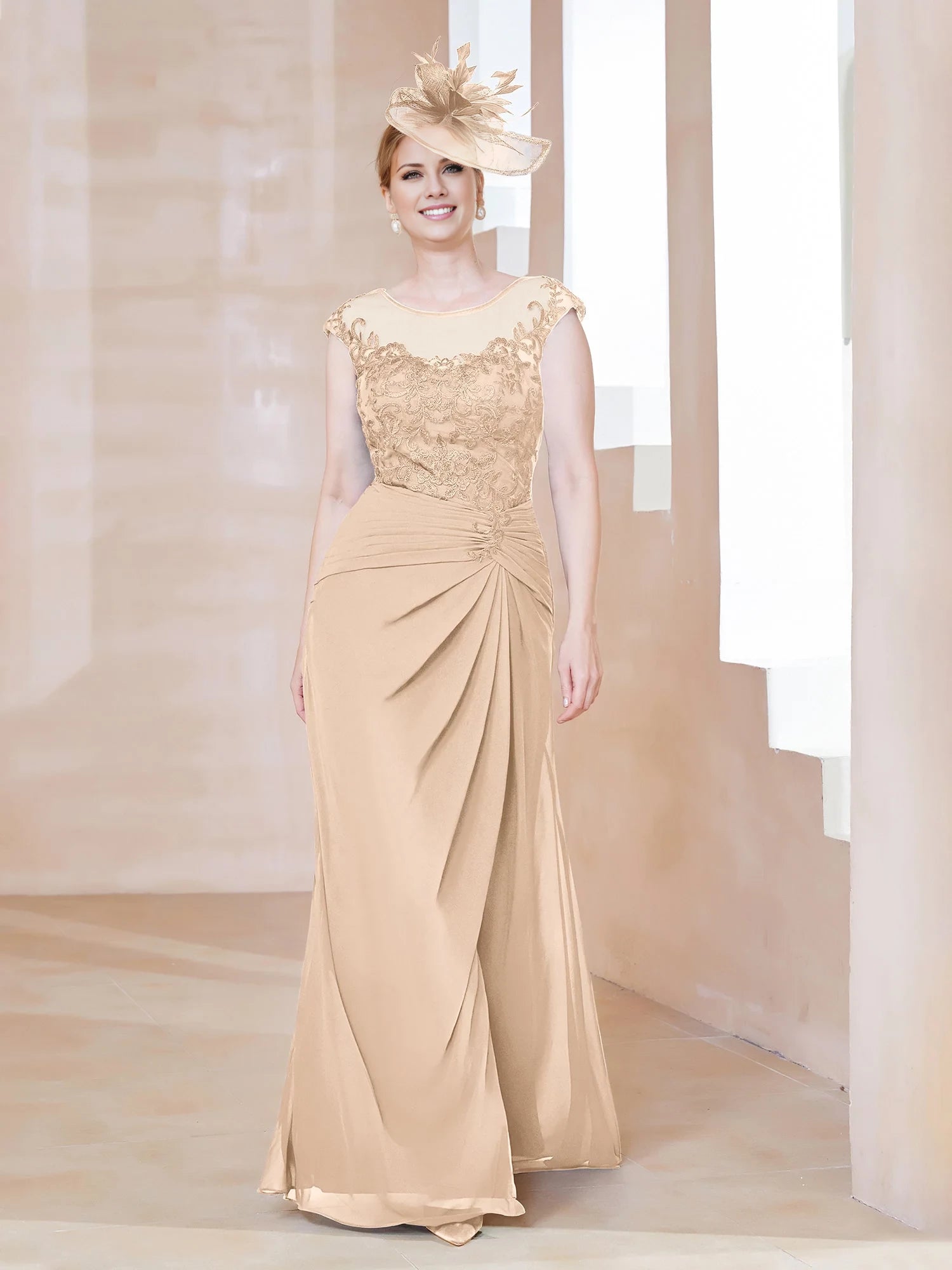 Illusion Neck Appliqued Dress With Slit Mother of the Bride Dresses