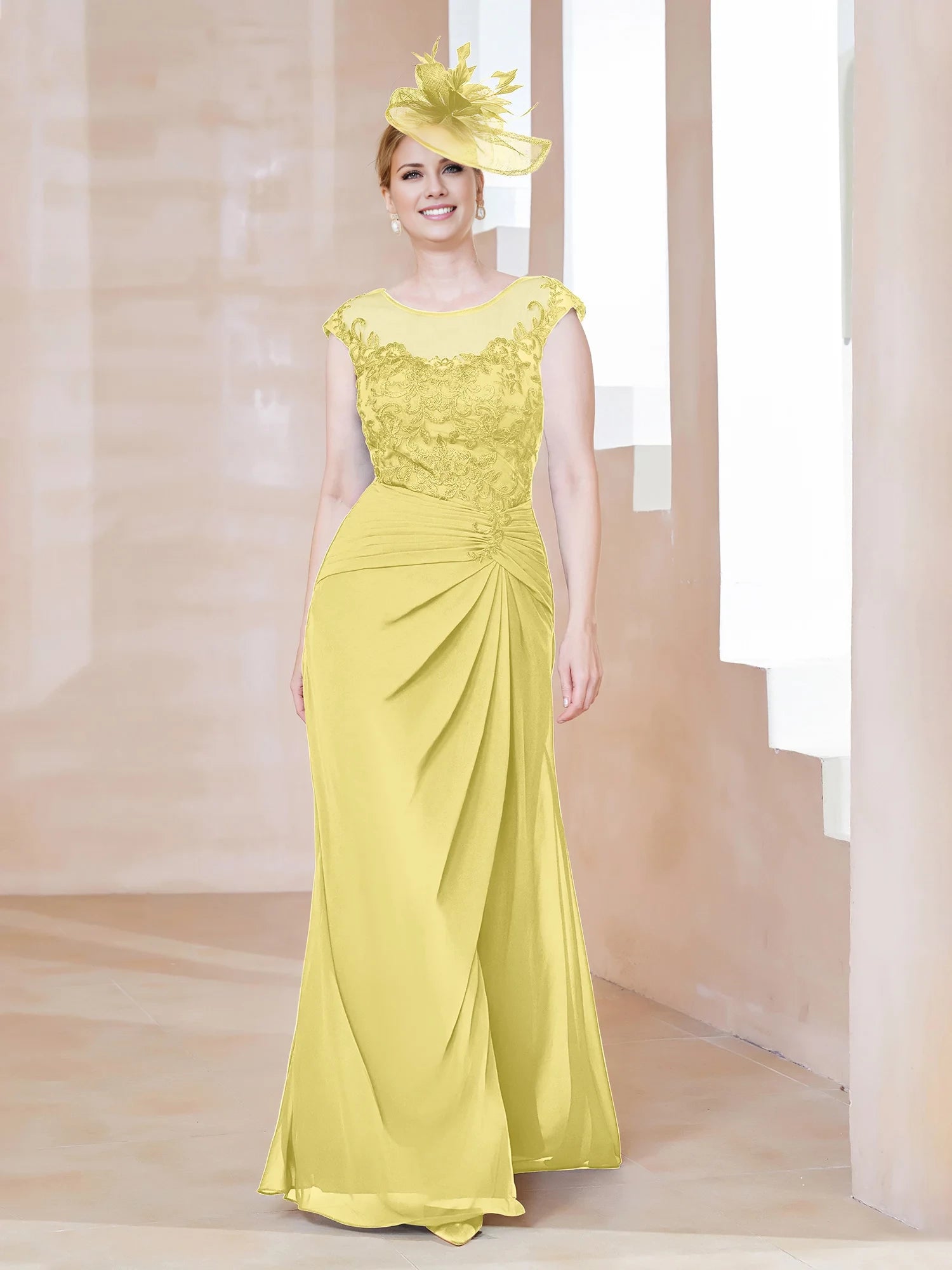 Illusion Neck Appliqued Dress With Slit Mother of the Bride Dresses