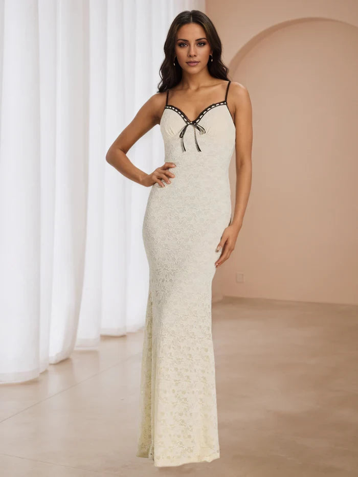 Illusion Neckline Ivory Lace Spaghetti Straps Prom Dresses