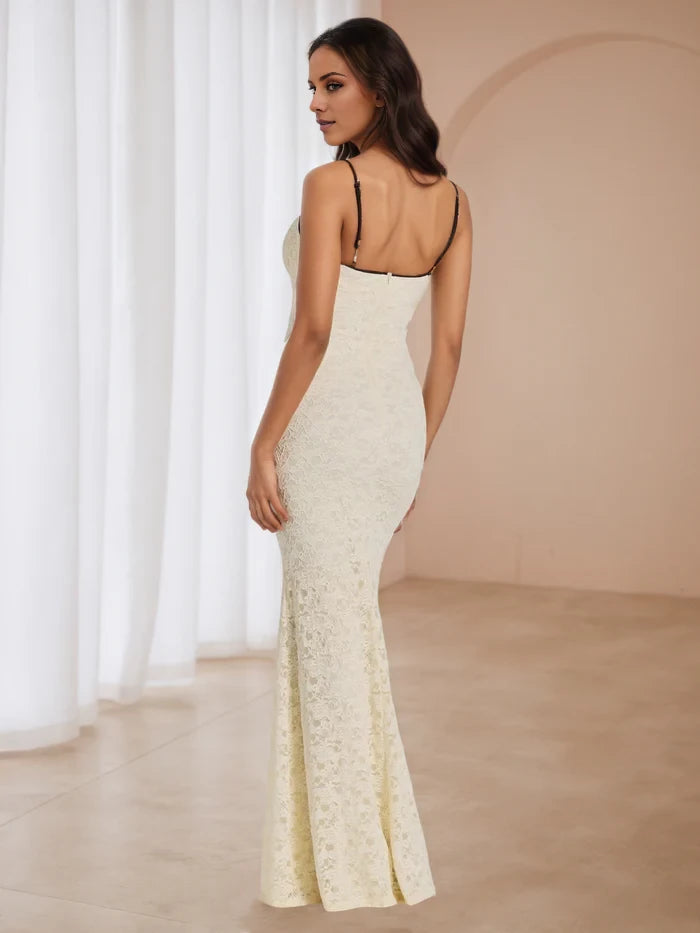 Illusion Neckline Ivory Lace Spaghetti Straps Prom Dresses