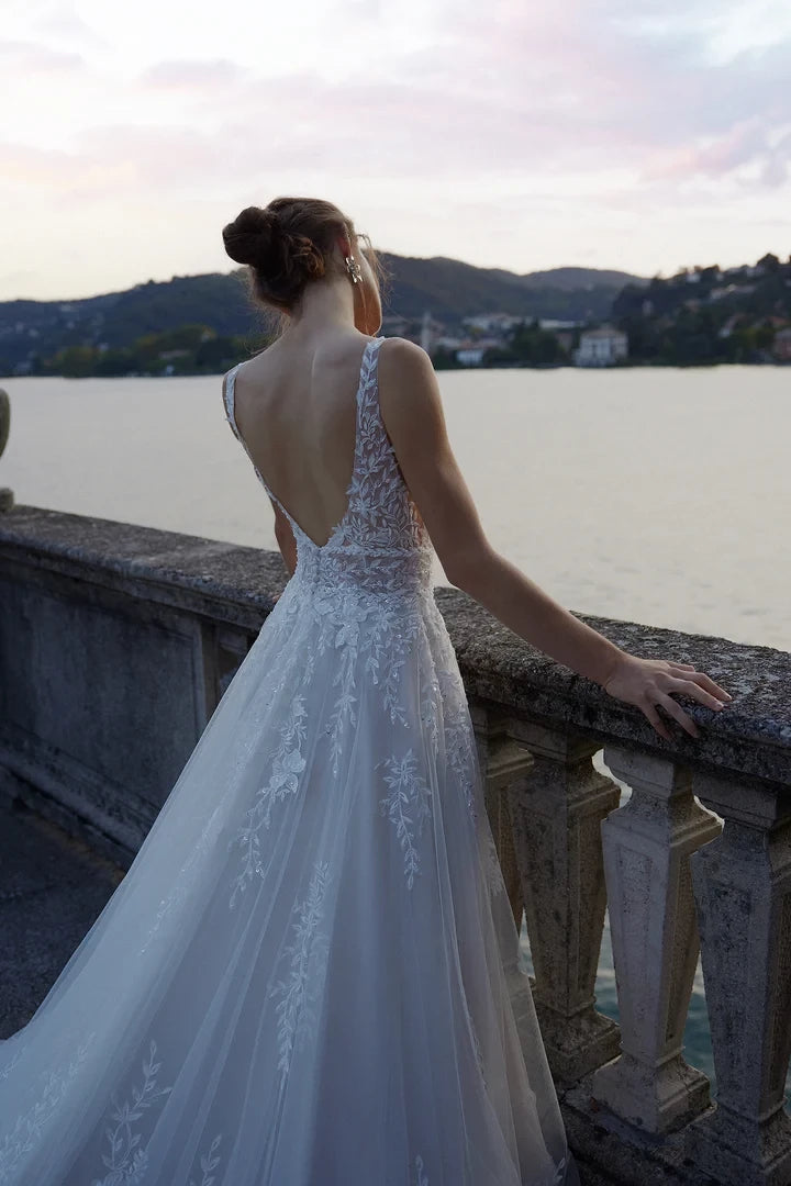 Illusion Sabrina Neckline A-Line Dress with Beaded Cummerbund Wedding Dresses