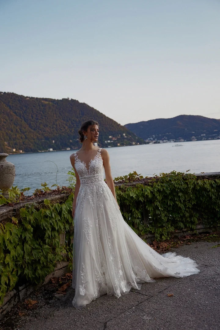 Illusion Sabrina Neckline A-Line Dress with Beaded Cummerbund Wedding Dresses