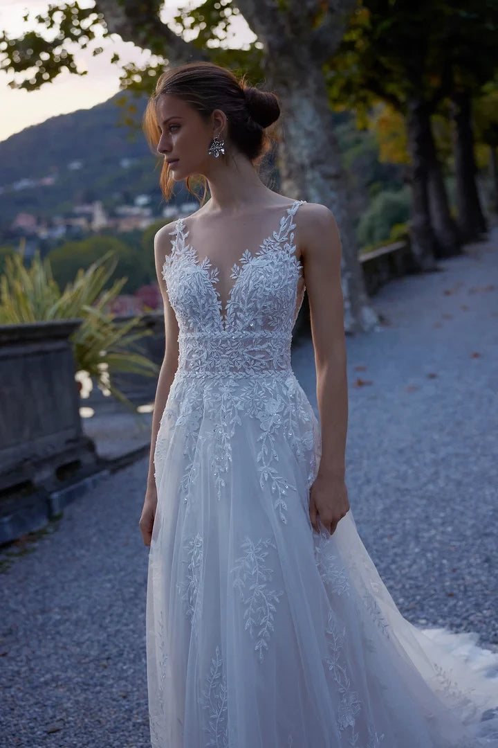 Illusion Sabrina Neckline A-Line Dress with Beaded Cummerbund Wedding Dresses