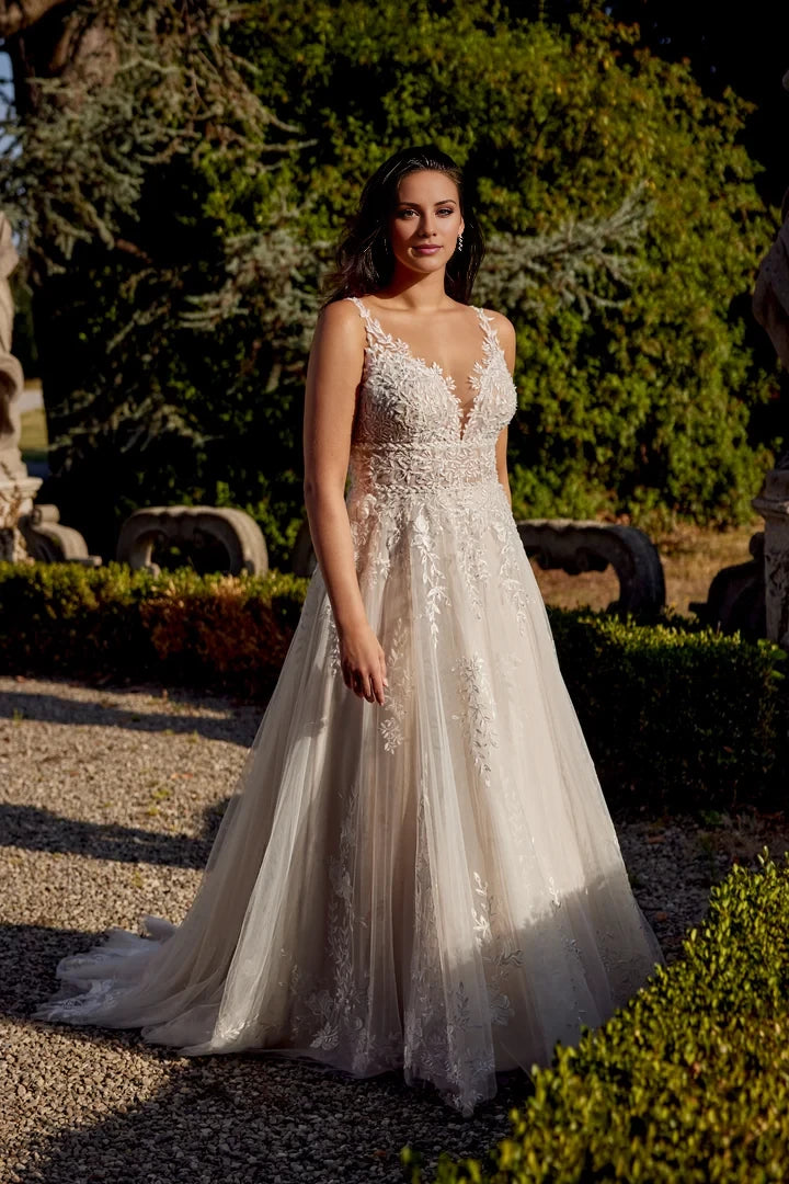 Illusion Sabrina Neckline A-Line Plus Size Dress with Beaded Cummerbund Wedding Dresses
