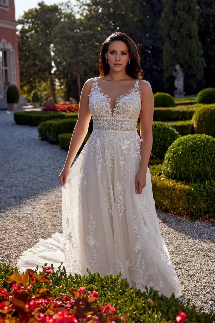 Illusion Sabrina Neckline A-Line Plus Size Dress with Beaded Cummerbund Wedding Dresses