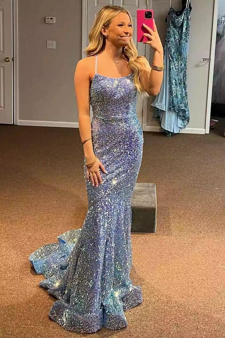 Iridescent Blue Sequin Mermaid Gown with Crisscross Back & Square Neckline