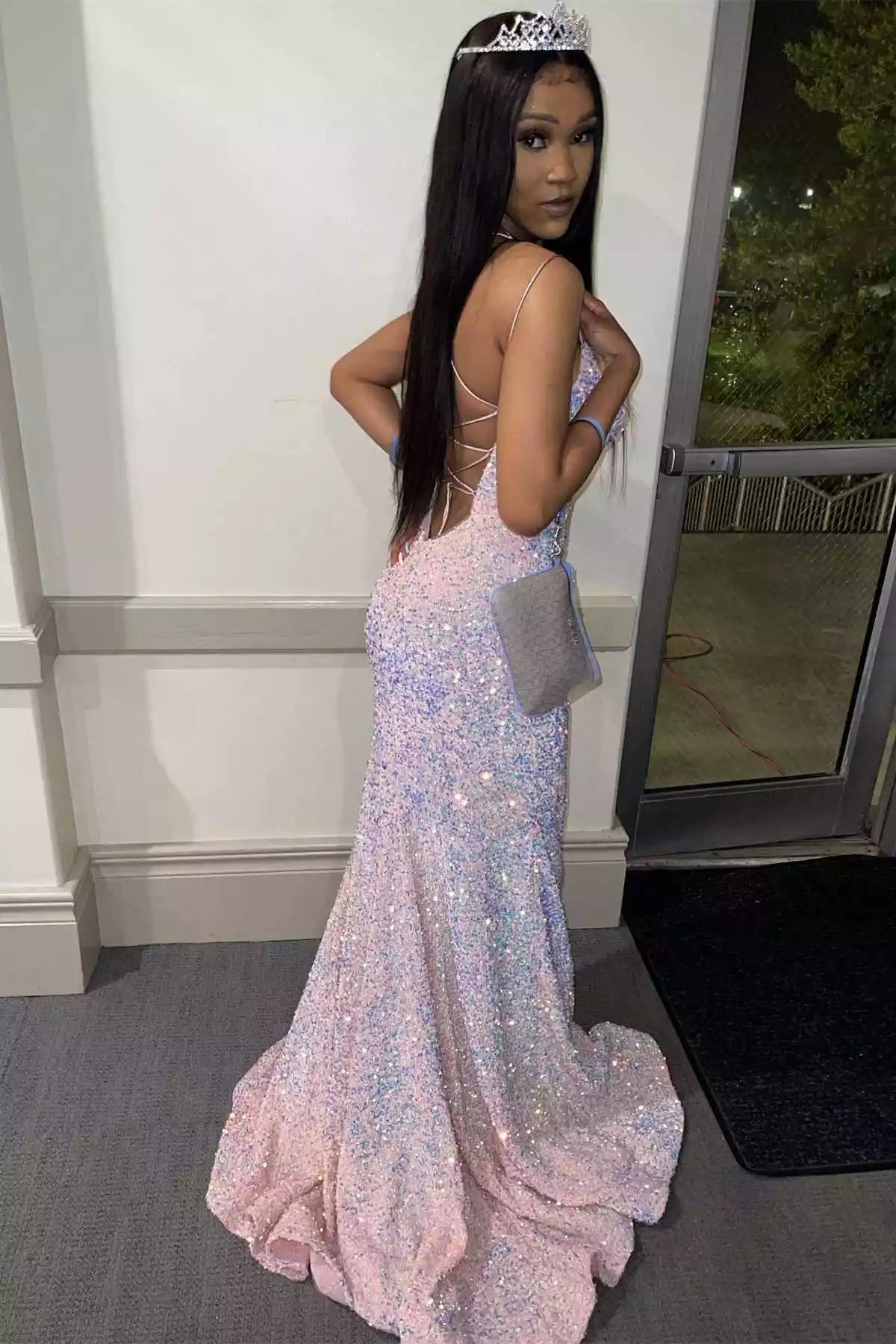 Iridescent Blush Sequin Mermaid Gown with Crisscross Back & Deep V-Neckline