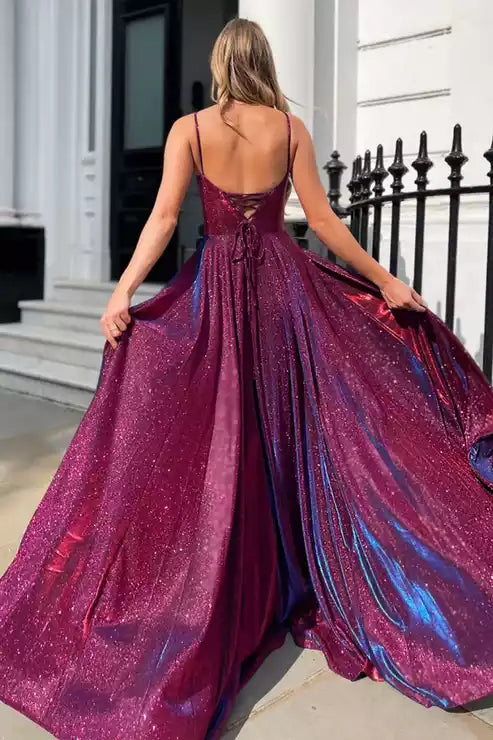 Iridescent Burgundy-Blue Glitter Ballgown with Plunging Neckline & Crisscross Back
