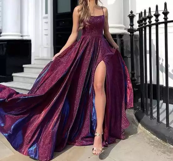 Iridescent Burgundy-Blue Glitter Ballgown with Plunging Neckline & Crisscross Back