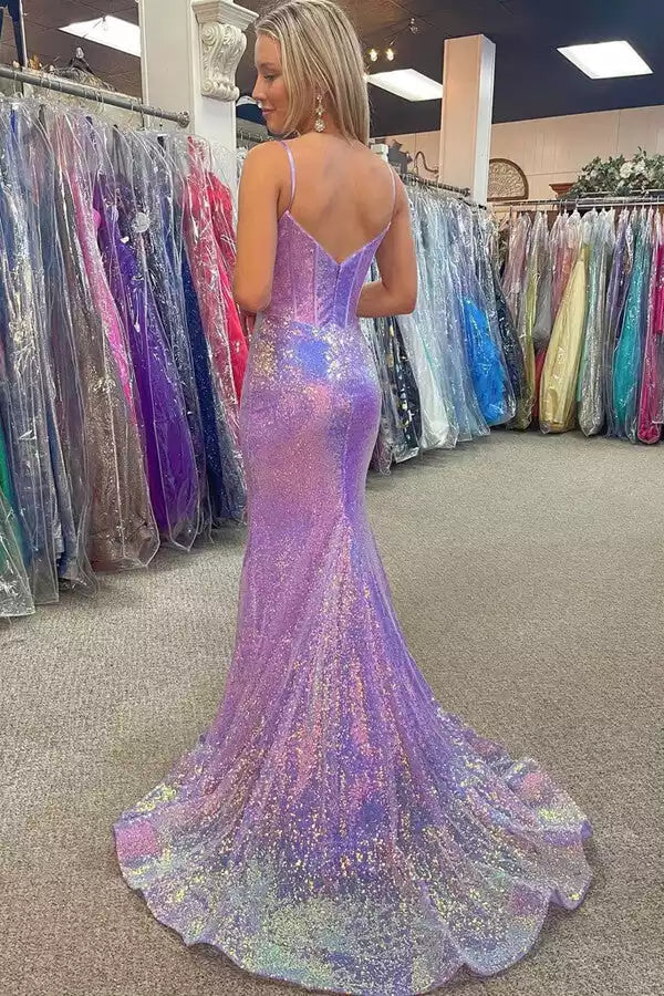 Iridescent Lavender Sequin Mermaid Gown with Spaghetti Straps & Deep V-Back