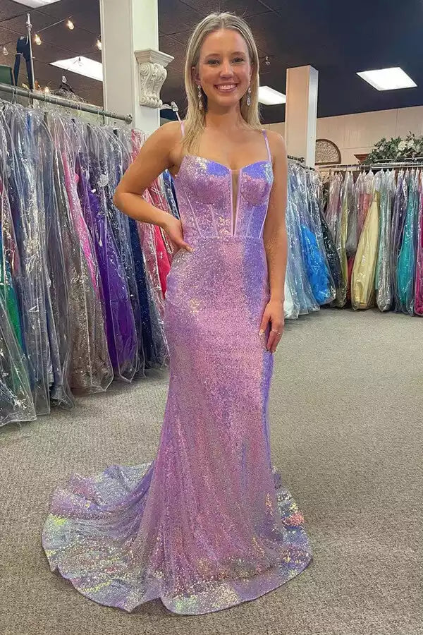 Iridescent Lavender Sequin Mermaid Gown with Spaghetti Straps & Deep V-Back