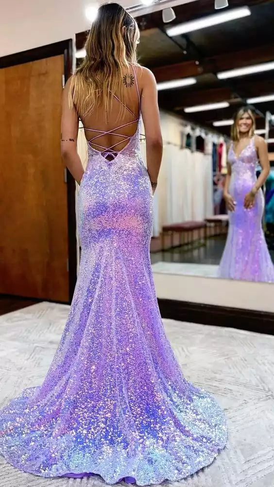 Iridescent Pastel Sequin Gown with Cross-Back Straps & Mermaid Train