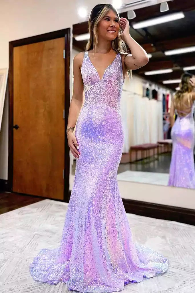 Iridescent Pastel Sequin Gown with Cross-Back Straps & Mermaid Train