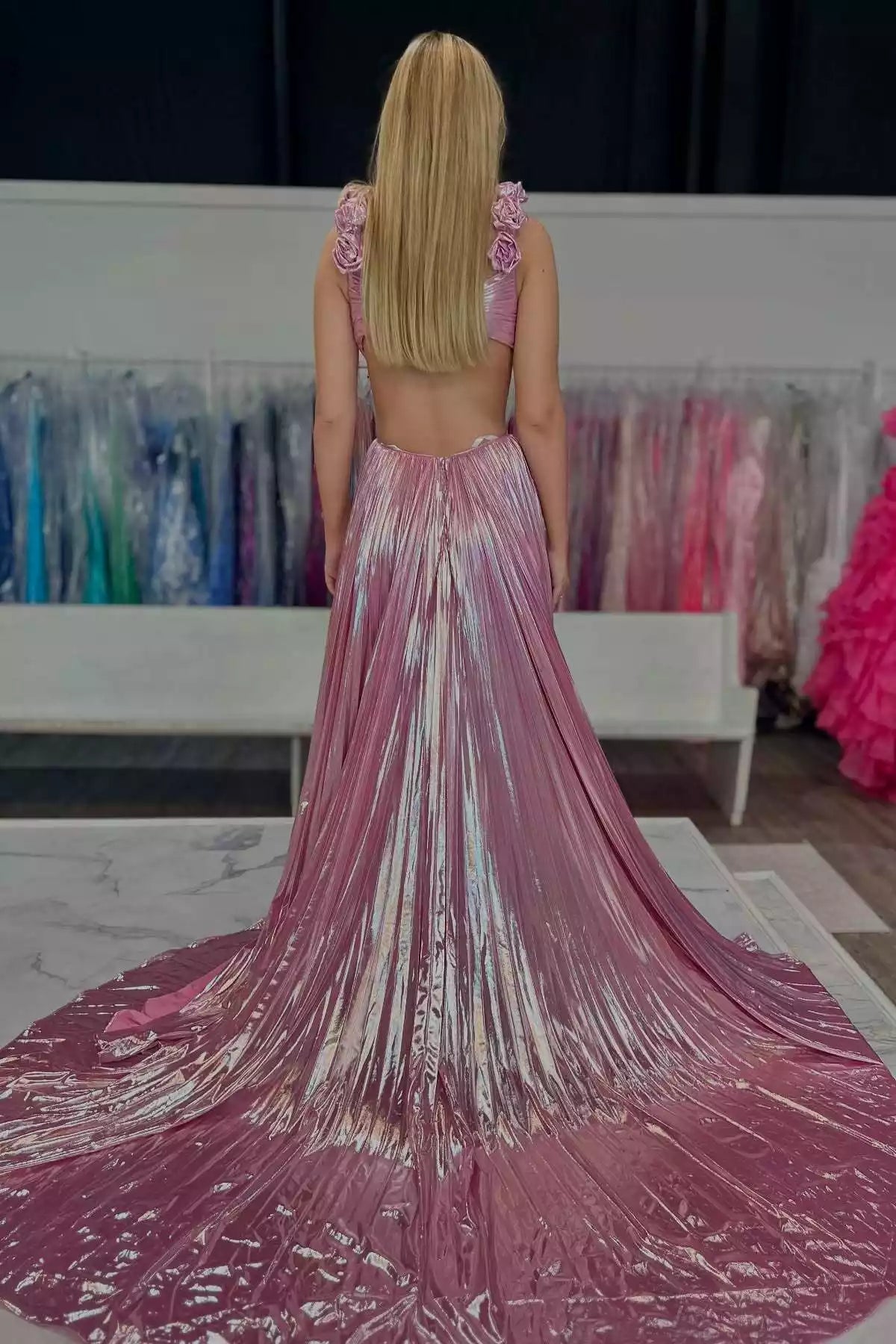 Iridescent Pink Pleated Cutout Gown – Dramatic & Romantic Evening Party Dress