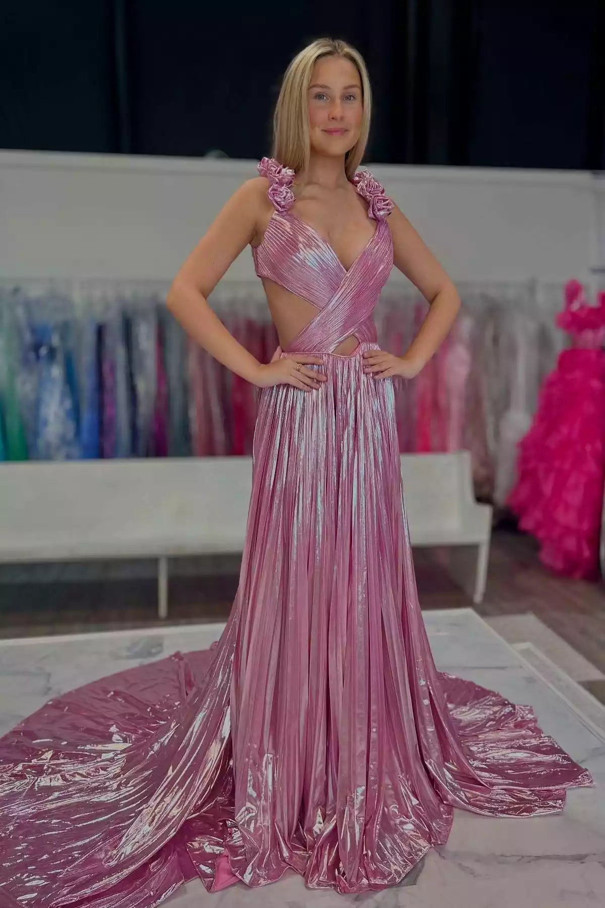 Iridescent Pink Pleated Cutout Gown – Dramatic & Romantic Evening Party Dress