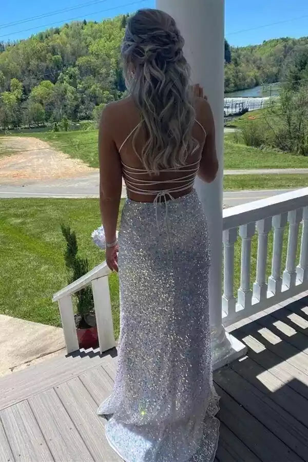 Iridescent Sequin Spaghetti Strap Crisscross Back Slit Mermaid Gown – Dazzling & Glamorous Evening Party Dress