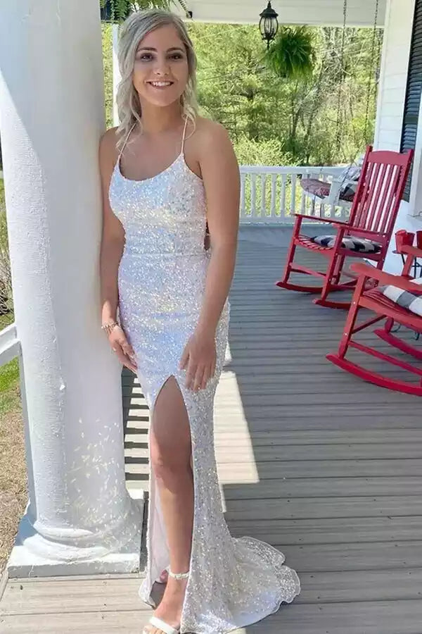 Iridescent Sequin Spaghetti Strap Crisscross Back Slit Mermaid Gown – Dazzling & Glamorous Evening Party Dress