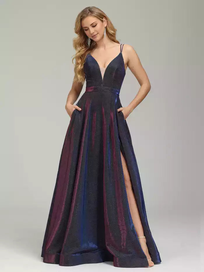 Iridescent V neck Sleeveless Backless Split Fork Prom Dress