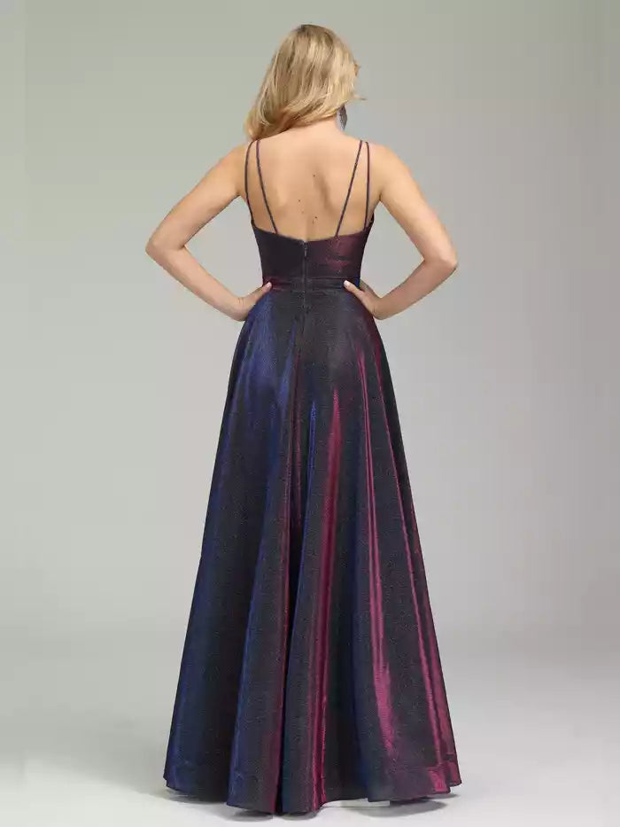 Iridescent V neck Sleeveless Backless Split Fork Prom Dress