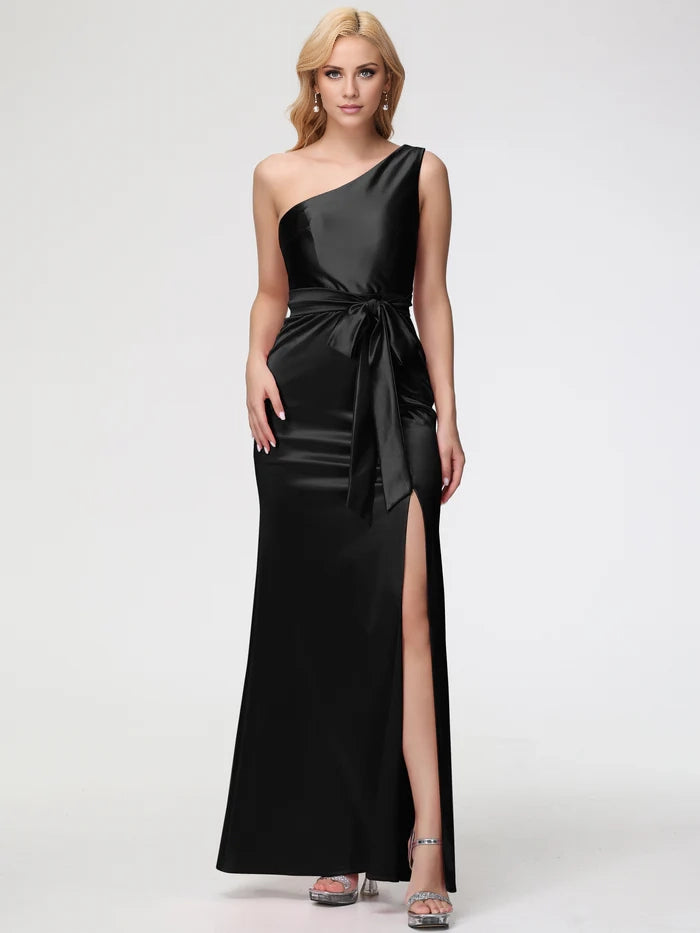 Ivory Adult Prom Dresses One Shoulder Trumpet Mermaid Sleeveless Pleats   Satin Prom Dresses