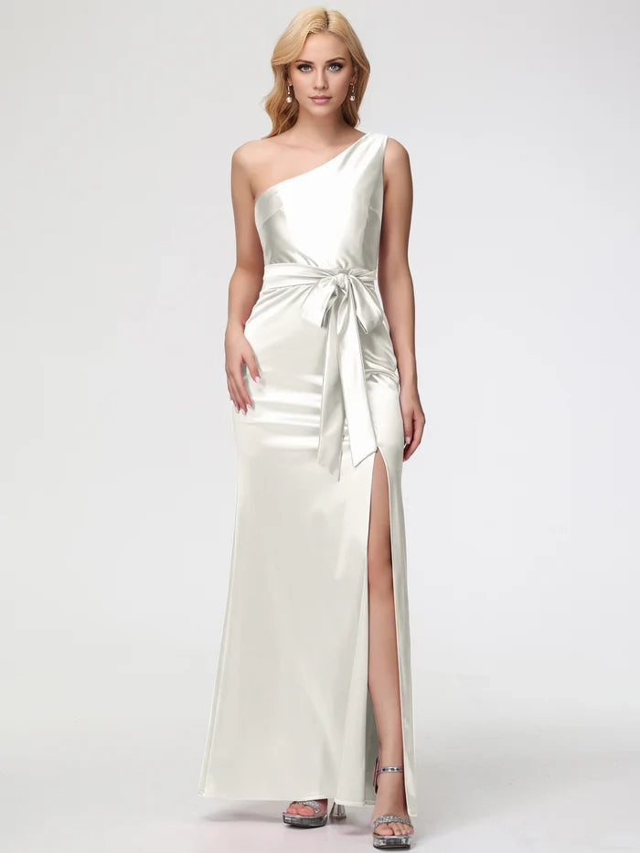Ivory Adult Prom Dresses One Shoulder Trumpet Mermaid Sleeveless Pleats   Satin Prom Dresses