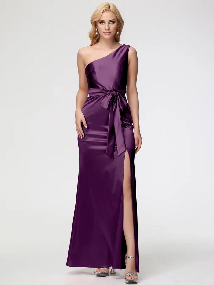Ivory Adult Prom Dresses One Shoulder Trumpet Mermaid Sleeveless Pleats   Satin Prom Dresses