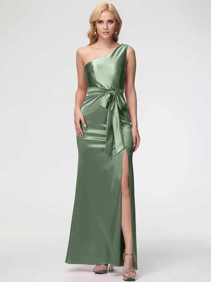 Ivory Adult Prom Dresses One Shoulder Trumpet Mermaid Sleeveless Pleats   Satin Prom Dresses