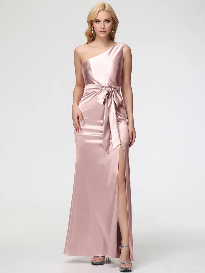 Ivory Adult Prom Dresses One Shoulder Trumpet Mermaid Sleeveless Pleats   Satin Prom Dresses