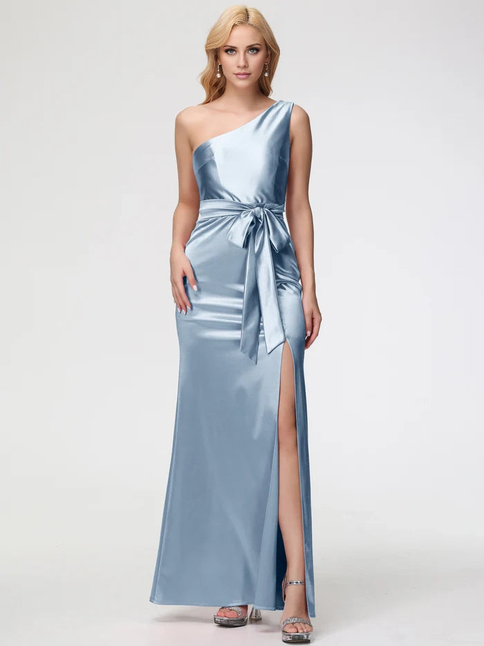 Ivory Adult Prom Dresses One Shoulder Trumpet Mermaid Sleeveless Pleats   Satin Prom Dresses