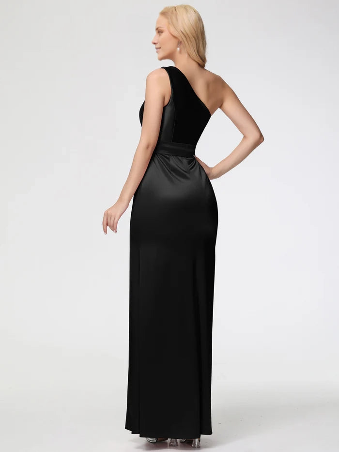 Ivory Adult Prom Dresses One Shoulder Trumpet Mermaid Sleeveless Pleats   Satin Prom Dresses