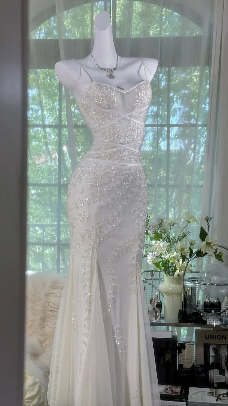Ivory Beaded Leaf Mermaid Gown – Spaghetti Strap Sweetheart Wedding Evening Dress