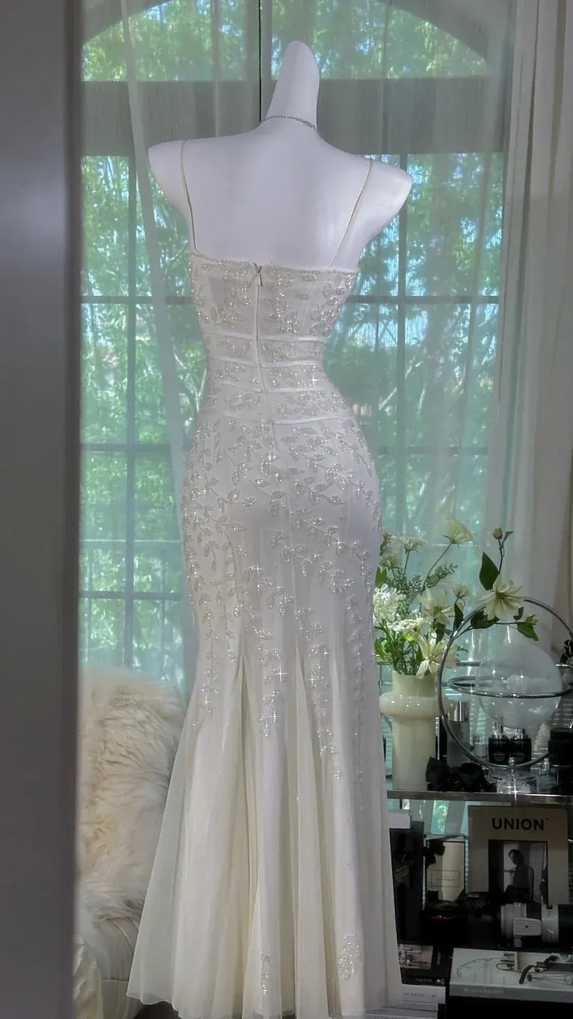 Ivory Beaded Leaf Mermaid Gown – Spaghetti Strap Sweetheart Wedding Evening Dress