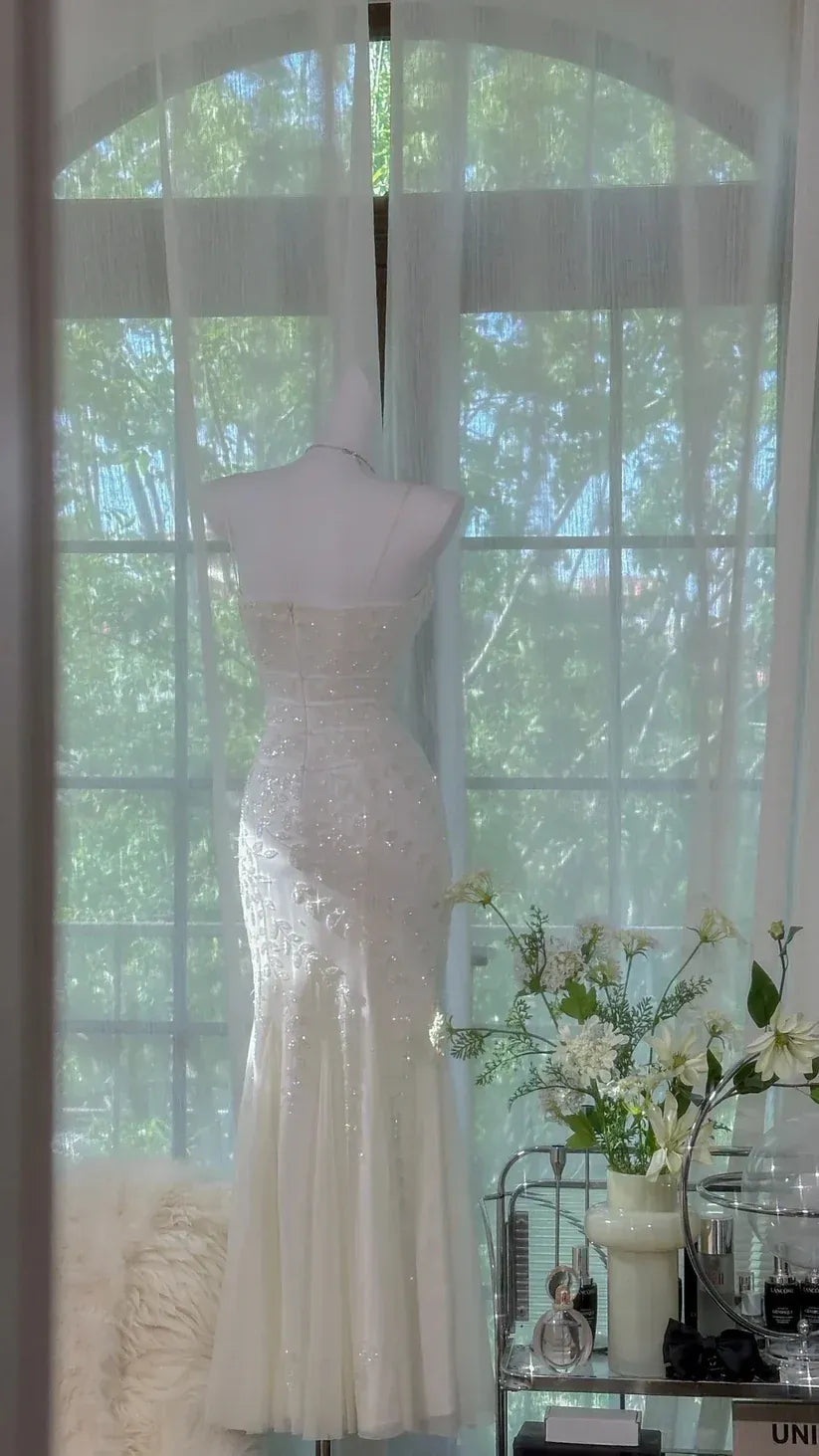 Ivory Beaded Leaf Mermaid Gown – Spaghetti Strap Sweetheart Wedding Evening Dress