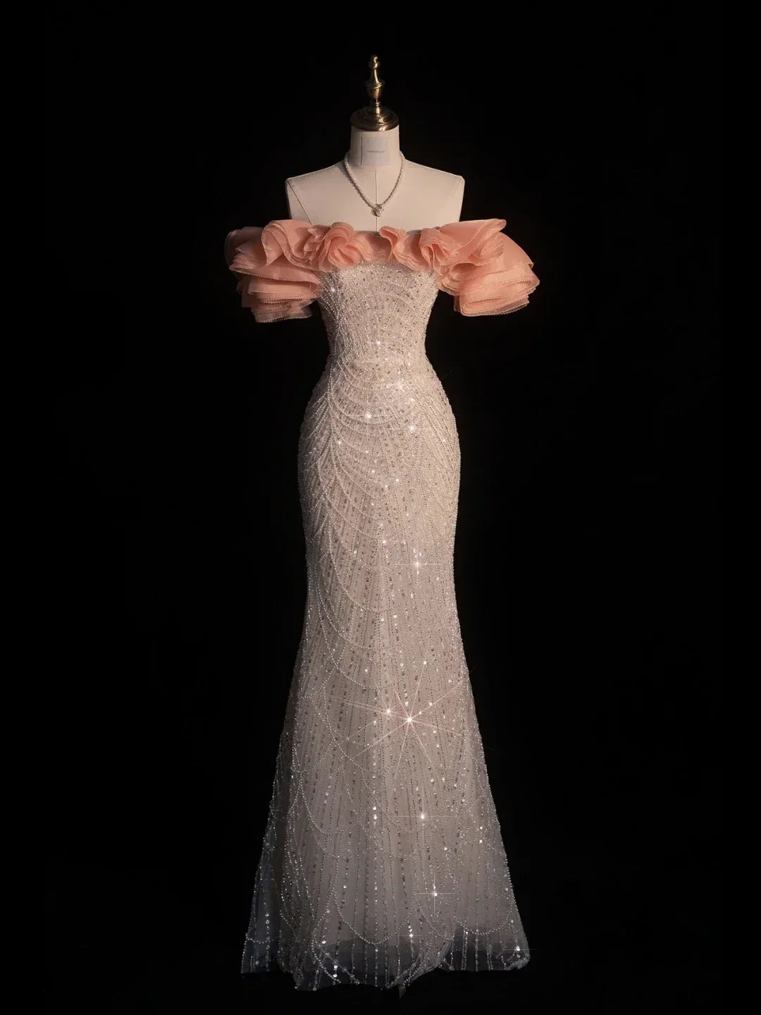 Ivory Beaded Mermaid Gown with Blush Off-the-Shoulder Ruffles