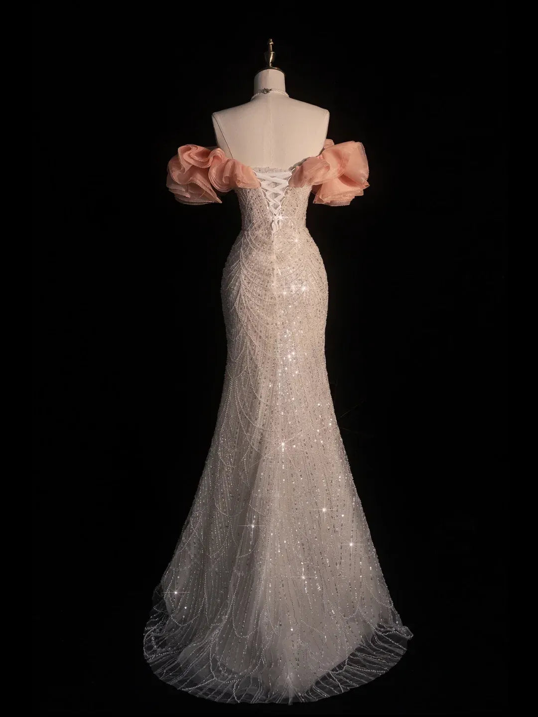 Ivory Beaded Mermaid Gown with Blush Off-the-Shoulder Ruffles