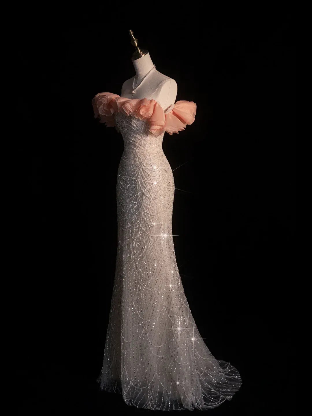 Ivory Beaded Mermaid Gown with Blush Off-the-Shoulder Ruffles