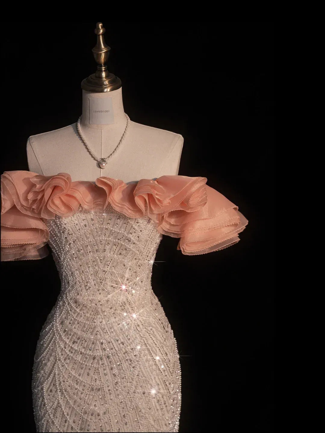 Ivory Beaded Mermaid Gown with Blush Off-the-Shoulder Ruffles