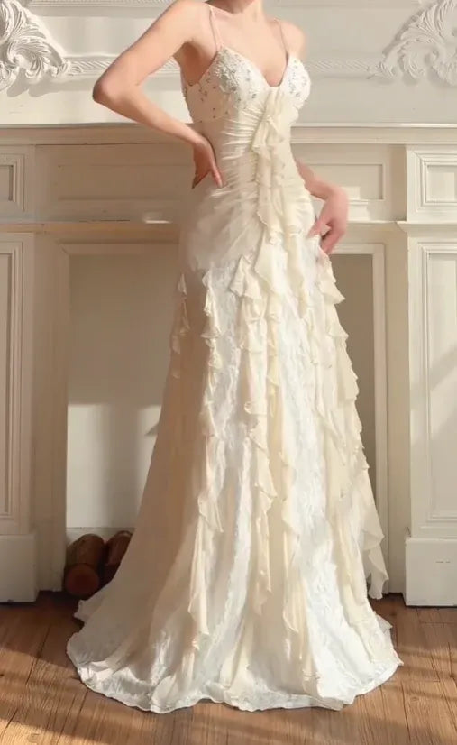 Ivory Beaded Ruffle Spaghetti Strap Mermaid Wedding Dress