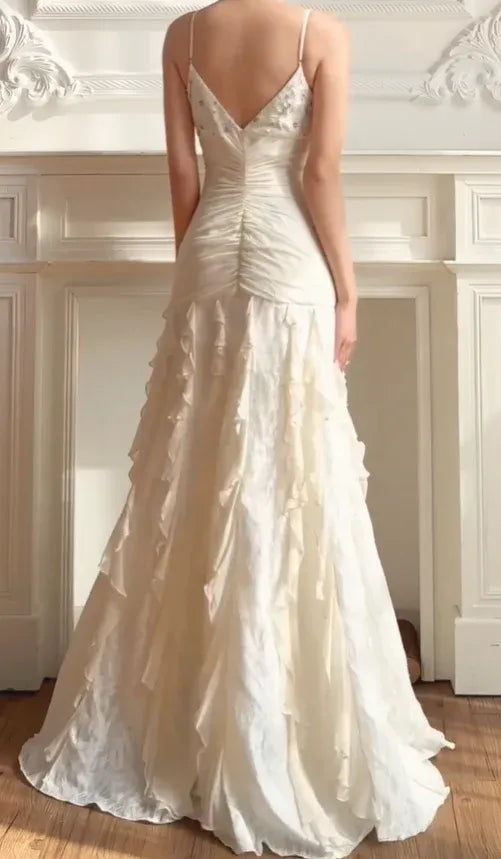 Ivory Beaded Ruffle Spaghetti Strap Mermaid Wedding Dress