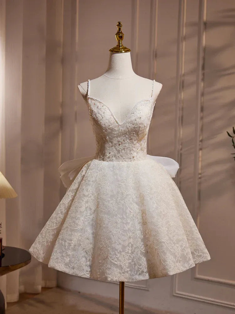 Ivory Beaded Spaghetti-Strap Lace A-Line Short Wedding Dress with Oversized Bow