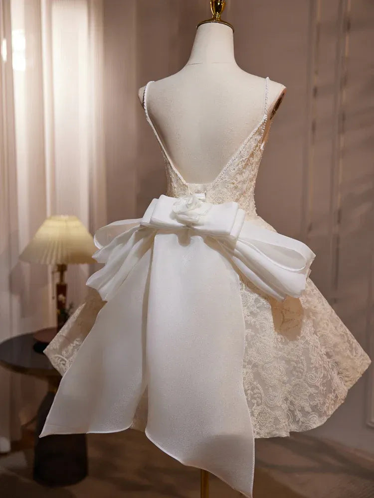 Ivory Beaded Spaghetti-Strap Lace A-Line Short Wedding Dress with Oversized Bow