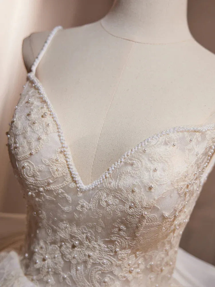 Ivory Beaded Spaghetti-Strap Lace A-Line Short Wedding Dress with Oversized Bow