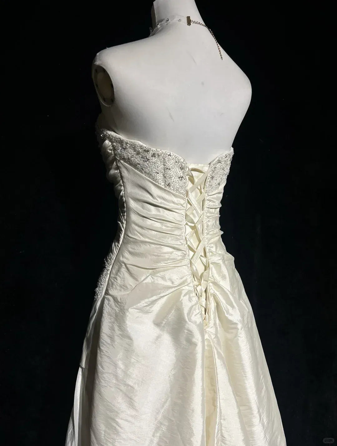 Ivory Beaded Strapless Midi Wedding Dress – Corset Back Formal Gown with Asymmetrical Skirt