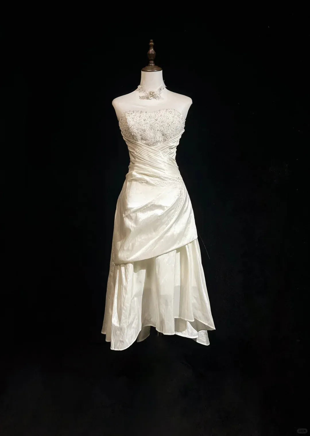 Ivory Beaded Strapless Midi Wedding Dress – Corset Back Formal Gown with Asymmetrical Skirt